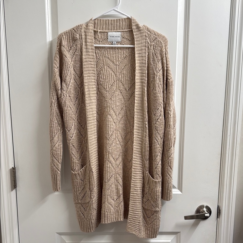 Tan Cardigan Sweater with Geometric Knit